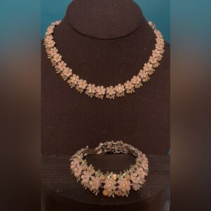 BSK vintage necklace & bracelet set silver tone white enamel flowers rhinestone